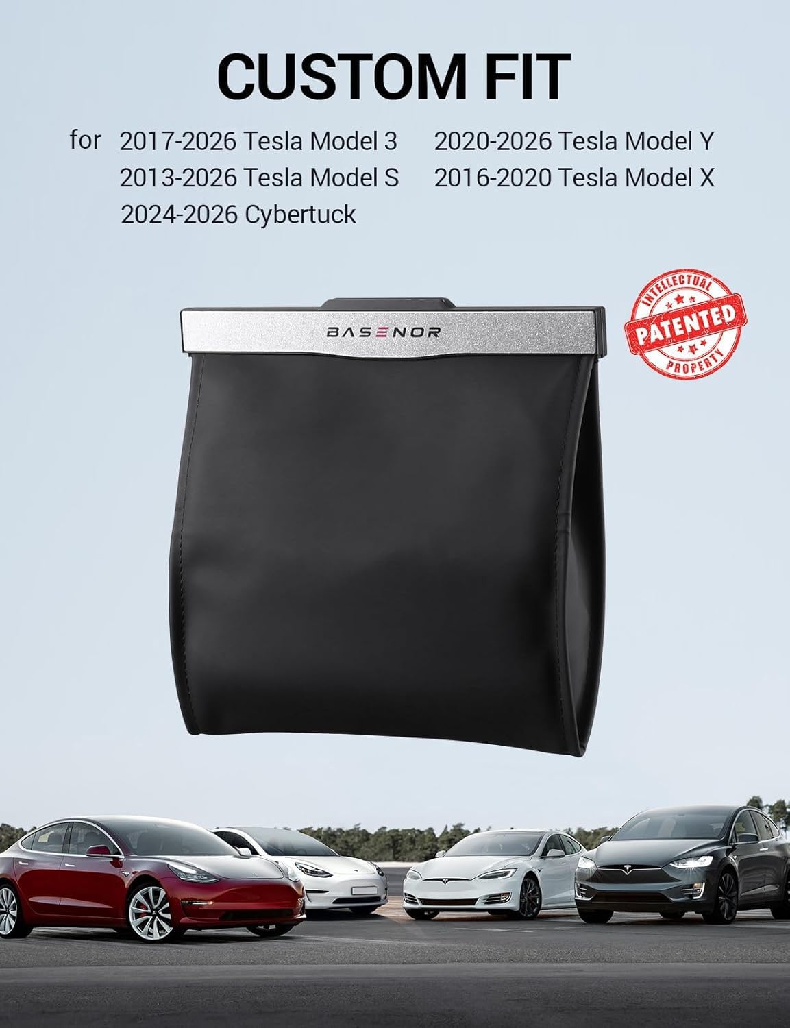 Leather Car Trash Can with LED Light & Lid for Tesla Model 3/Y/S/X – Hanging Seat Back Waste Bin, Waterproof, Black