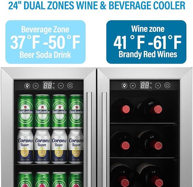 DOGHLY 24 Inch Dual Zone Beverage Refrigerator, 210 Cans Drink Fridge | Glass Door Cooler with Advanced Cooling for Soda Wine Beer, Built-in/Freestanding Beverage Fridge for Kitchen Bar Office