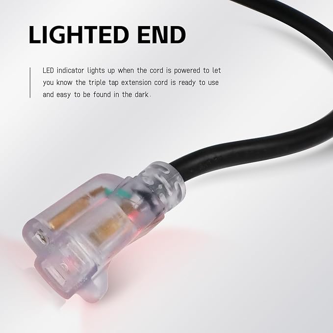 EP 3 Ft Outdoor Extension Cord, 12/3 SJTW Heavy Duty Waterproof Power Cable, 3 Prong Grounded Plug, Lighted End, for Lawn, Garden, Appliances, Black