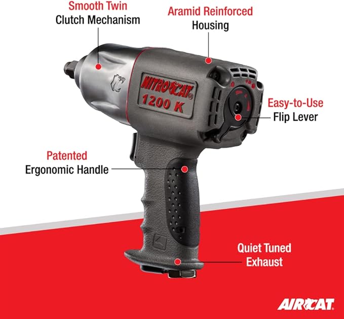 NITRO CAT 1200-K 1/2-Inch Kevlar Composite Air Impact Wrench With Twin Clutch Mechanism, grey and silver, full size
