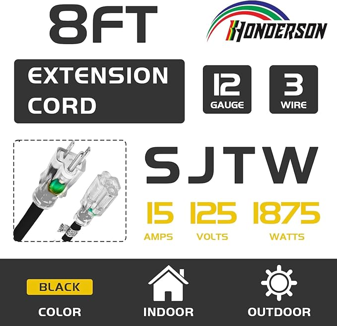 Indoor Outdoor Extension Cord Weatherproof with Lighted End, UL Certified, 12 Gauge 8FT Black 3 Prong Heavy Duty, 12/3 SJTW 15A Power Cord for Outdoor Lights, Lawn