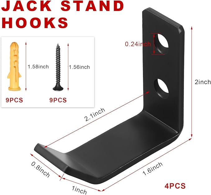 4 PCS Jack Stands Wall Mount Organizer, Heavy Duty Metal Jack Stand Wall Storage Rack with Anchors Screws, Space-Saving Garage Hooks for 2 & 3 & 4 & 5 & 6 Ton Jacks