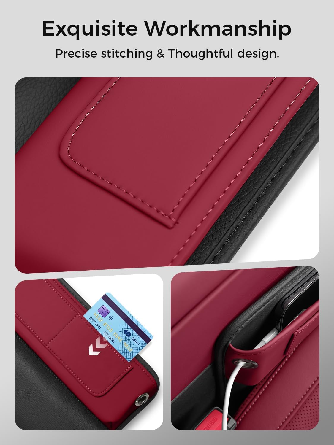 Car Seat Gap Filler Organizer – Phone Holder, Key/Card/Coin Slot, Premium Nappa Style Microfiber Leather, Prevents Drops. Universal Fit for Sedans, SUVs, Trucks (Burgundy)