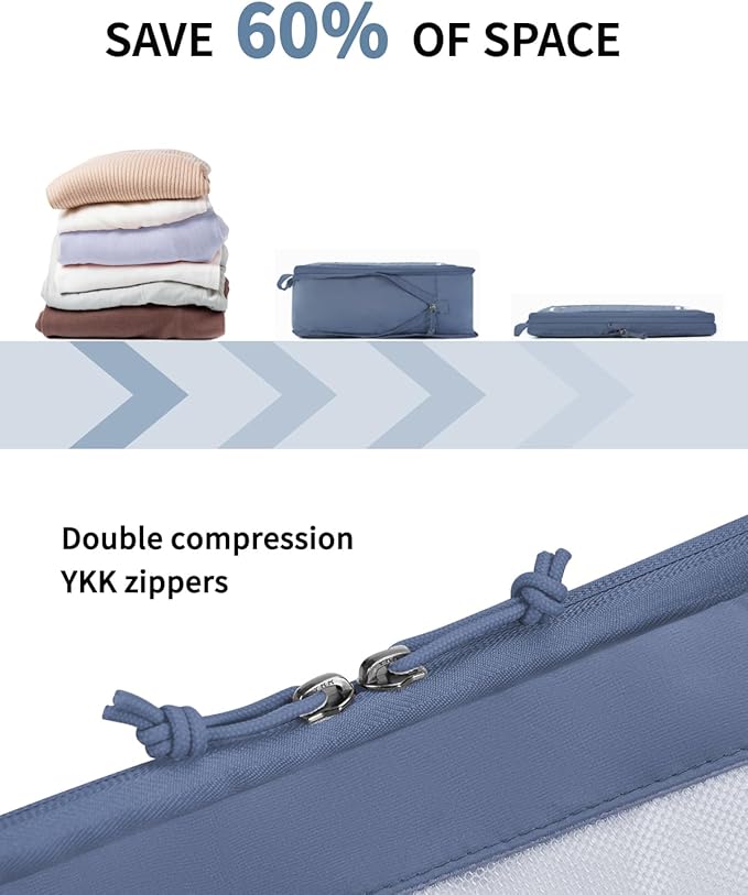 ECOHUB 5 Set Compression Packing Cubes for Suitcases Organiser Bags Set Travel Essentials with Shoe Bag for Traveling Tear-resistant Travel Accessories with ID Tag Expandable Packing Bags(All Blue)