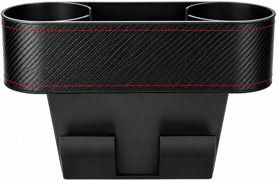 Car Seat Gap Filler Organizer, Vehicle Front Seat Side Storage Pocket with Cup Holder, Automotive Center Console Seam Filler Storage Box Accessories, Universal Fit (Carbon Fiber Black Red)