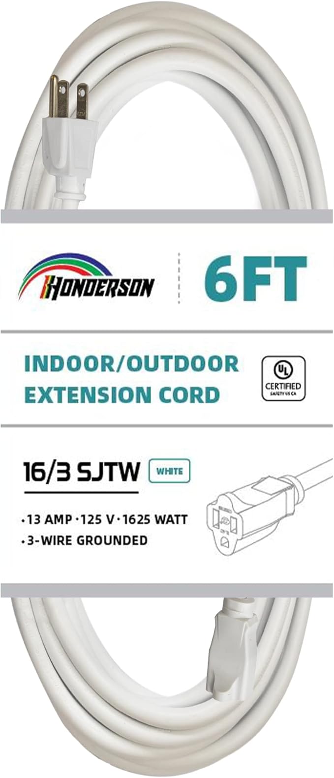 Indoor Outdoor Extension Cord Weatherproof, UL Listed, 16 Gauge 6FT White 3 Prong Heavy Duty, 16/3 SJTW 13A Power Cord for Outdoor Lights, Appliances, Lawn