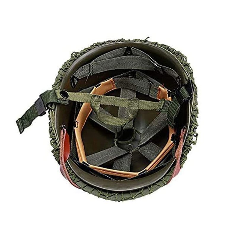 WWII US WW2 Army M1 Steel Pot Helmet Replica - Military Gear Uniform with Net Cover, Chin Strap, Cat Eye Belt