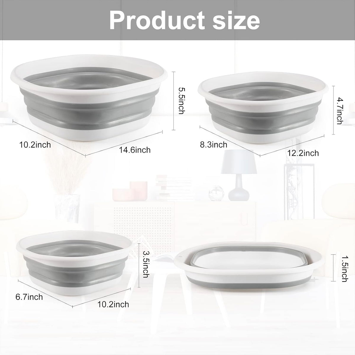 Collapsible Tub Wash Basin Laundry Tub 3 Pack Collapsible Laundry Baskets Foldable Dish Tub Plastic Washtub Space Saving Storage Container for Dishing, Fruit, Camping, Laundry, Hiking & Home (Grey)