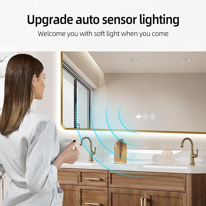 66 x 36 Gold LED Bathroom Mirror, Metal Framed Rounded Corner Rectangle Backlit Mirror Bathroom, Anti-Fog, 3-Color Stepless Dimmable Lighted Mirror, Motion Sensor Lights, Memory Function
