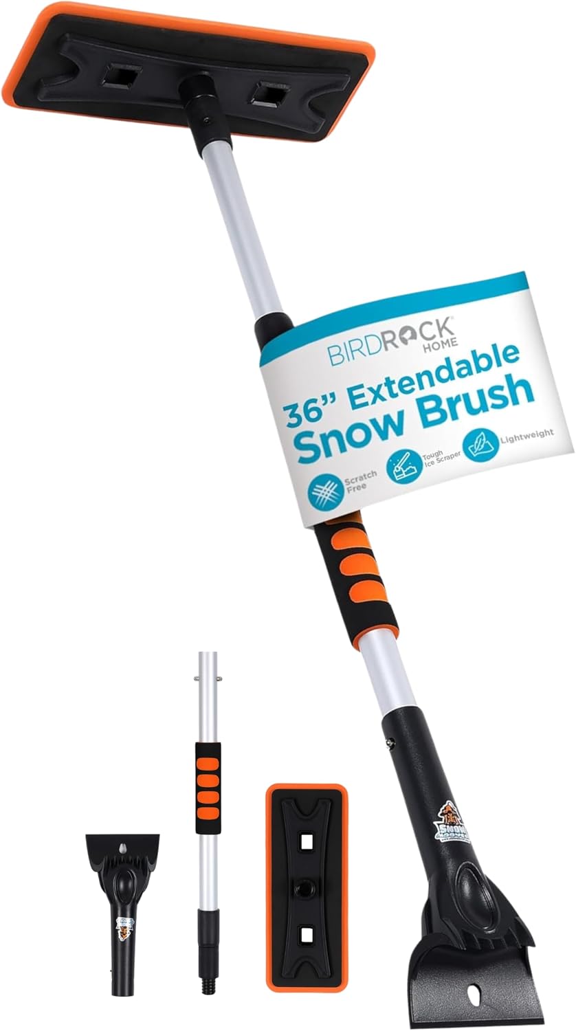 BIRDROCK HOME 36" Extendable Snow Pusher Brush & Detachable Ice Scraper for Cars | Aluminum Grip for Car, Truck, SUV | Safe on Auto Windshield & Windows | Wide Frost Remover for Semi & Small Vehicles