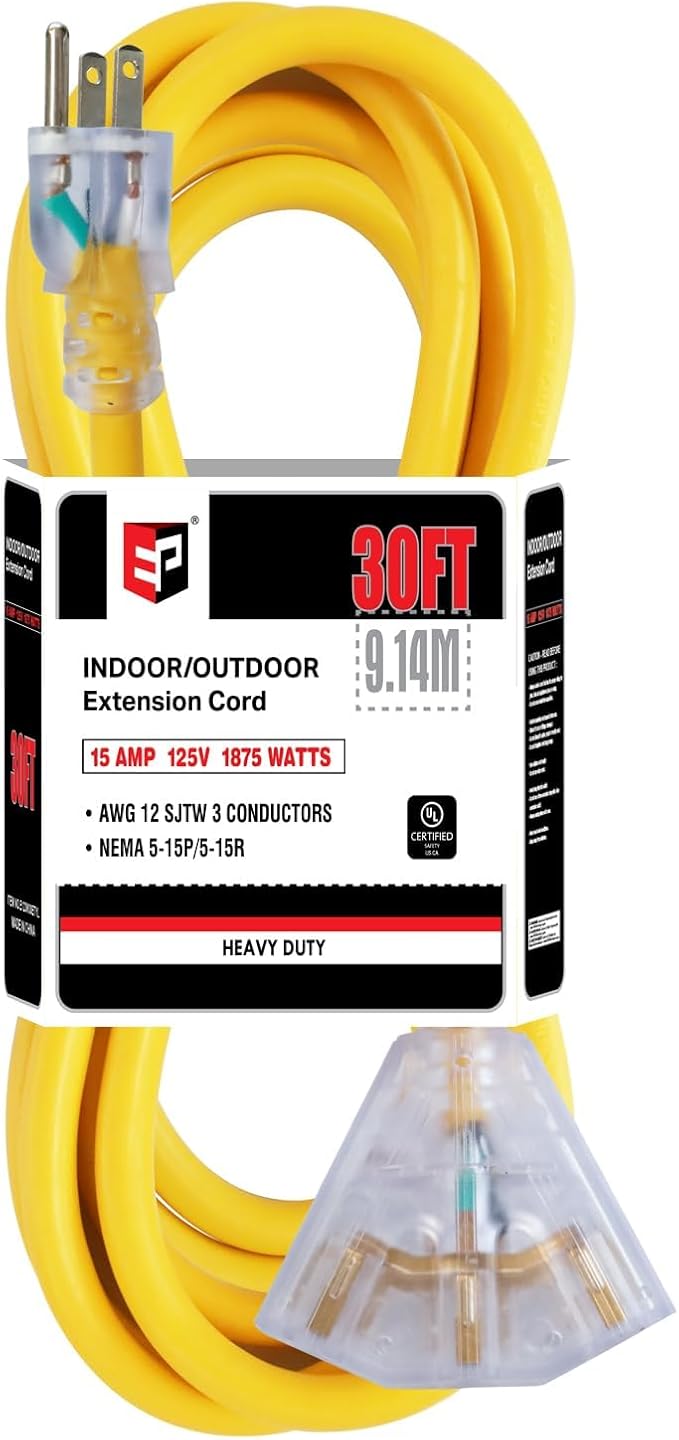 EP 30 Ft 12 Gauge Heavy Duty Extension Cord, 15A 125V 1875W, 3 Outlet Indoor/Outdoor Power Cord with Lighted End, 12/3 SJTW Weatherproof Yellow