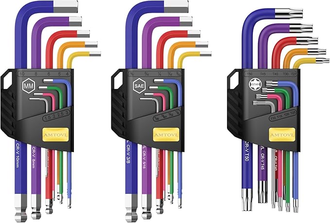 AMTOVL Hex Keys Set - Allen Key Set & Torx Key Set, Metric/Imperial 27PCS Allen Wrench Set Long Arm Ball Head Design with T-Handle Color Coding 1.5-10mm, T10-T50, 1/16-3/8