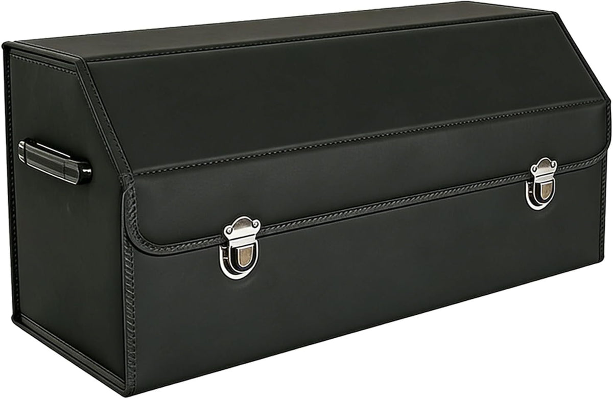 Leather Storage Box Car Trunk Organizer with Lid, Foldable PU Leather Cargo Storage Bin for SUV Sedan Truck, Portable Auto Organizer for Grocery Tool Storage, Black 29.5" L*12.2" W*11.8" H