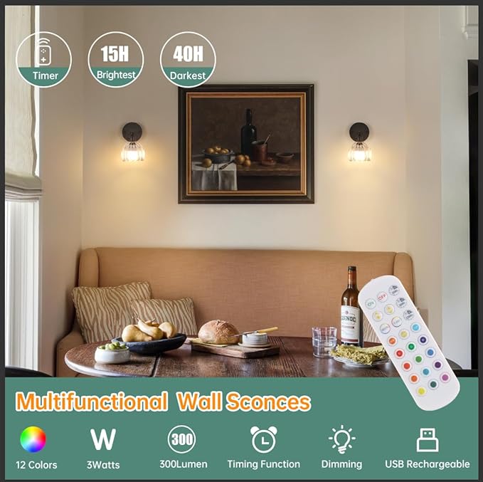 Vintage Battery Operated Wall Sconce with Transparent Tulip Glass Lampshade Rechargeable Battery Powered Black Wall Light with Remote Control for Bedside Bedroom Doorway, Set of 2