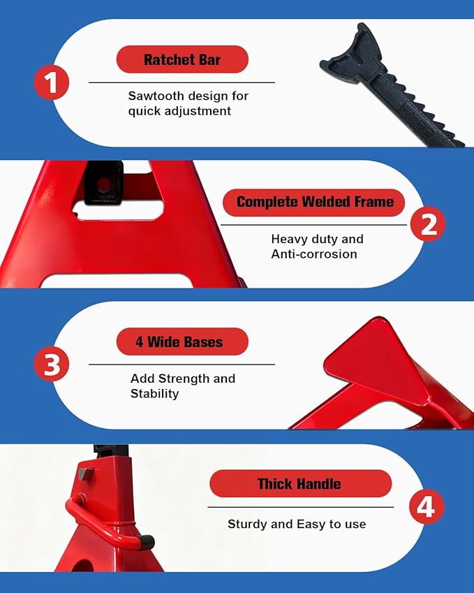 3 Ton Jack Stands (6,600 lbs) - Heavy Duty Car Jack Stand with Double Pin Locking, Adjustable 11.22"-16.54" Height, Extra Rubber Pads for Trucks, Garage, Home Use - 1 Pair Red