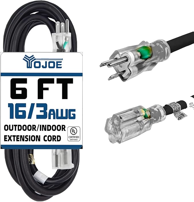 YOJOE Indoor Outdoor Extension Cord with Lighted End, 3 Prong 13A Weatherproof Power Cord, 16 Gauge Heavy Duty 6 ft Black Extension Cord for Garage, Garden and Home, 16/3 SJTW UL Listed