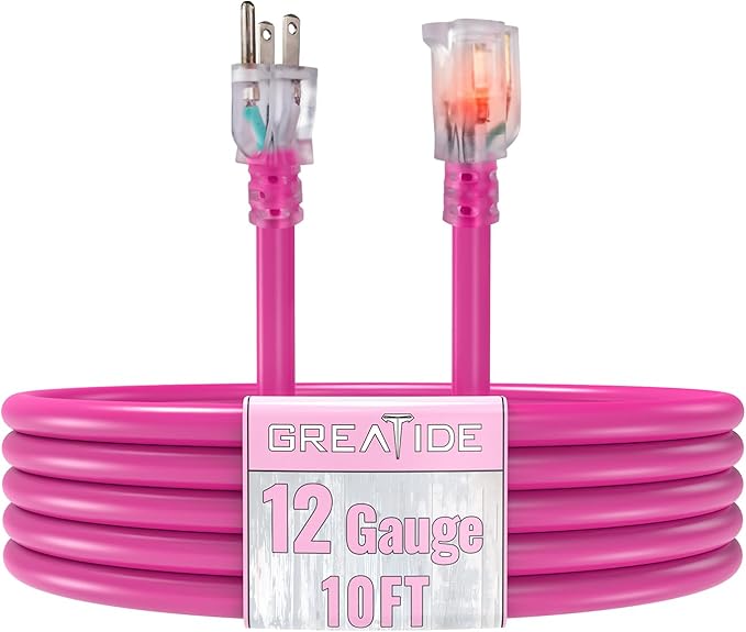 Outdoor Extension Cord with Lighted End, 12 Gauge Heavy Duty Extension Cord 10 FT, 3 Prong Grounded 15 Amp Extension Cord, 12/3 SJTW Waterproof Power Cord for Appliance, UL Listed, Pink