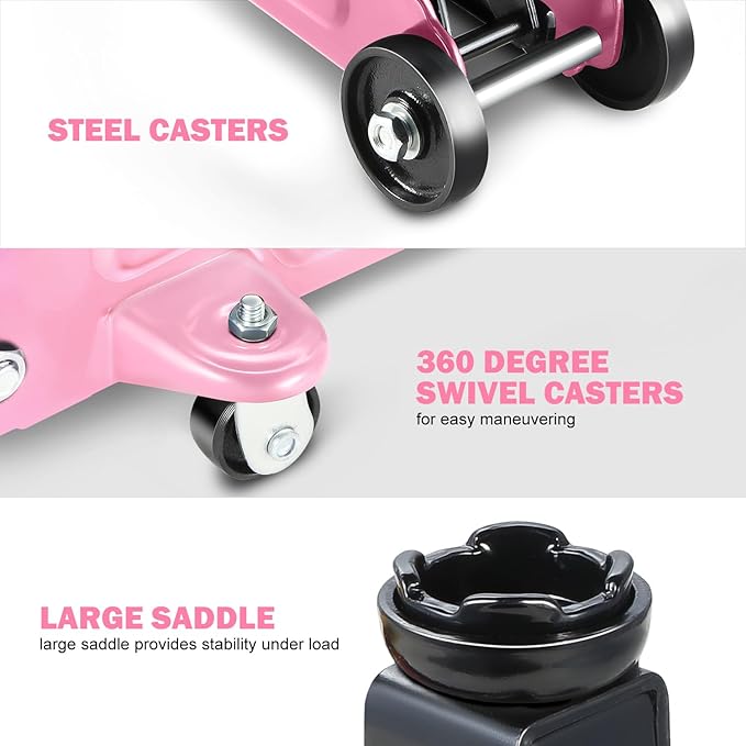 DNA Motoring 1.5 Ton Car Floor Jack Low Profile Hydraulic Trolley Service/Floor Jack, 1.5T / 3000 lbs Capacity, Lifting Range 5.3 Inch -12 Inch, with Storage Case, Pink, TOOLS-00327-PK