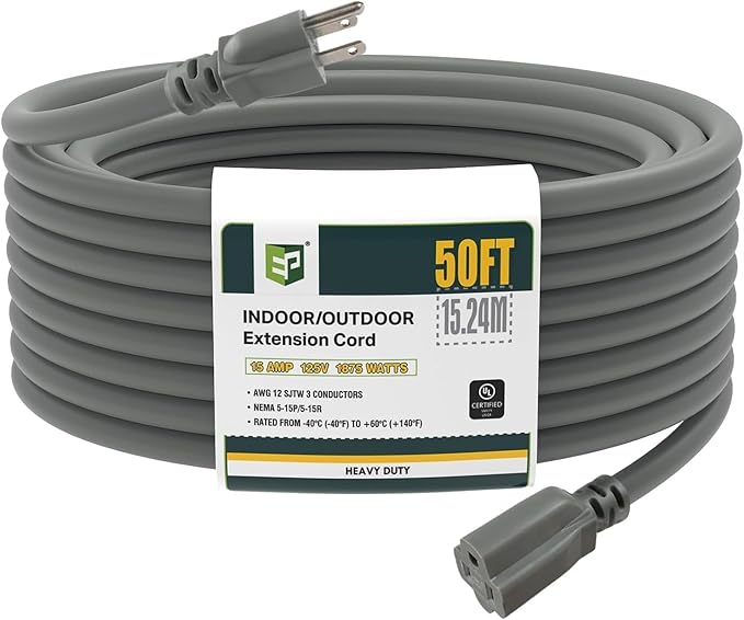 EP 12/3 50 FT Indoor Outdoor Grey Extension Cord Waterproof, 12 Gauge 3 Prong Power Cord Flexible Resistant Appliance Extension Cable Electric Cable Outside, 15A 1875W 12AWG SJTW, ETL Listed