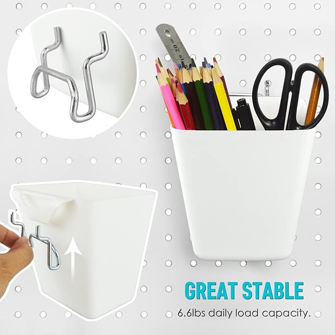 G.CORE Large Pegboard Cups Peg Board Storage Bin 6 Pack with Hooks, Square Box Shape Pegboard Cup Holder Accessories for Garage Workbench/Craft Room/Office/Playroom/Home Kitchen Organization (White)