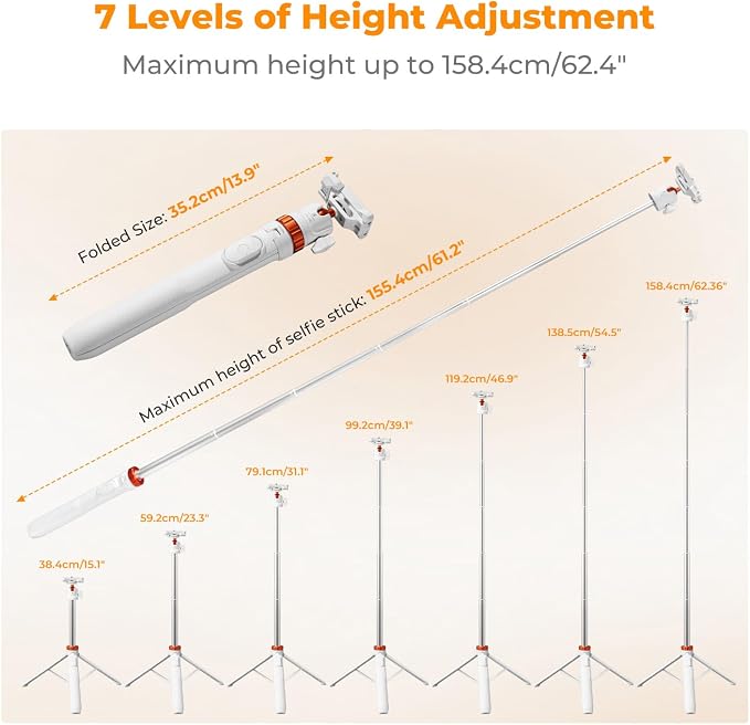 K&F CONCEPT MS08 62'' Selfie Stick Tripod, 2-in-1 Extendable White Phone Tripod