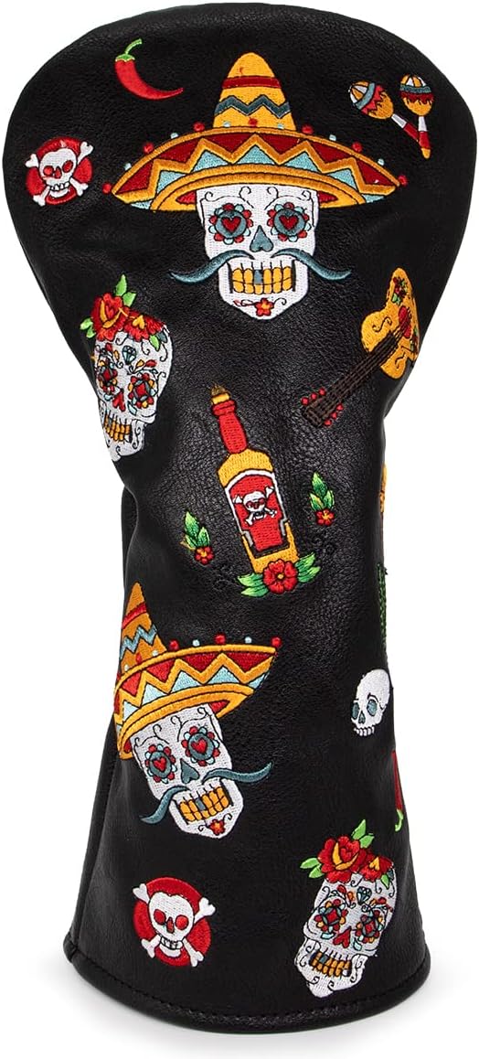 Golf Club Headcover for Drivers, Fairway Woods, Hybrids, and Mallet Blade Putter Sugar Skull Style Premium Leather Golf Headcovers Set with Interchangeable No. Tags