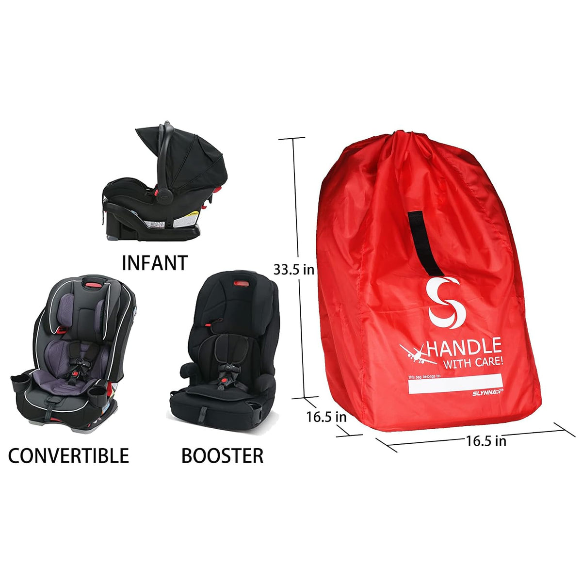 SLYNNAR Car Seat Travel Bag for Airplane - Fits Convertible Car Seats, Infant carriers & Booster Seats, Black Upgrade