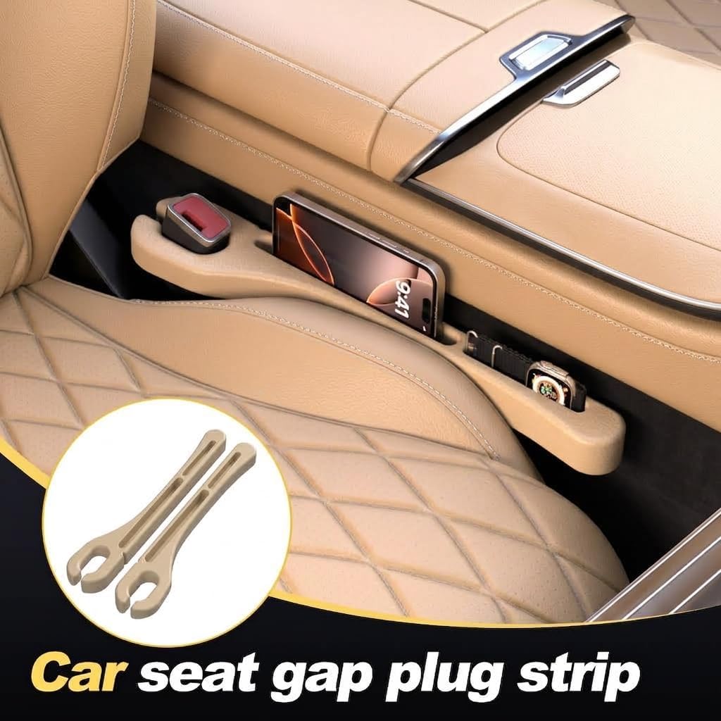Car Seat Gap Filler Organizer - 2-Piece PU Leather Seat Gap Plug & Storage Pad to Prevent Dropping Items Between Seats and Center Console, Universal Beige Interior Accessories