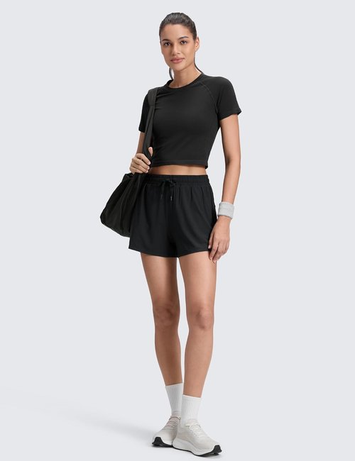 CRZ YOGA Athletic Shorts for Women - High Waisted 2-in-1 Design with Pockets for Tennis & Running