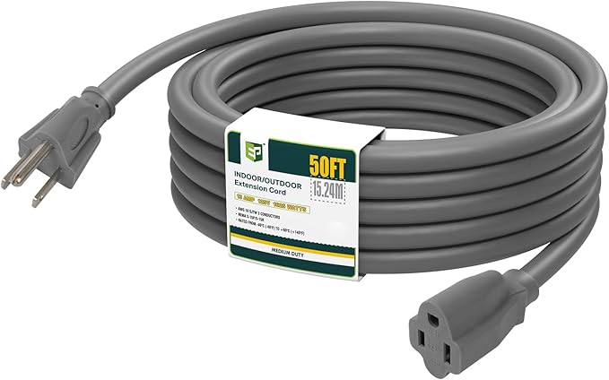 EP 50 Ft Outdoor Extension Cord - 16/3 SJTW Gray Electrical Cable with 3 Prong Grounded Plug