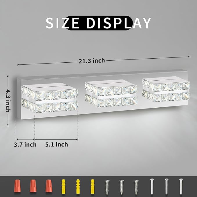 OKELI Bathroom Crystal Vanity Light Fixtures, Modern LED Vanity Light for Bathroom, 3 Lights Crystal Mirror Front Lamp, 6000K Cool White, 18W, Dia 22 Inch ETL Listed