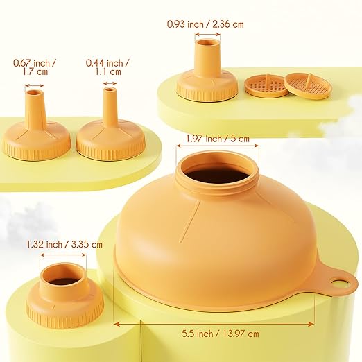 Pisol Wide Mouth Versatile Funnel, Canning Funnels for Kitchen Use, Food Grade Plastic Cooking Funnel Set with 4 Size Spouts and 2 Strainers for Filling Different Bottles and Bags, Orange