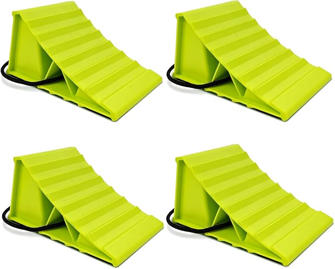 ROBLOCK 4 Pairs Wheel Chocks for Travel Trailers, Non Slip Base Heavy Duty Green Camper Wheel Chockwith Rope, Lightweight Wheel Stoppers for Cars, Camper Trucks, RVs, Easy to Carry, Green