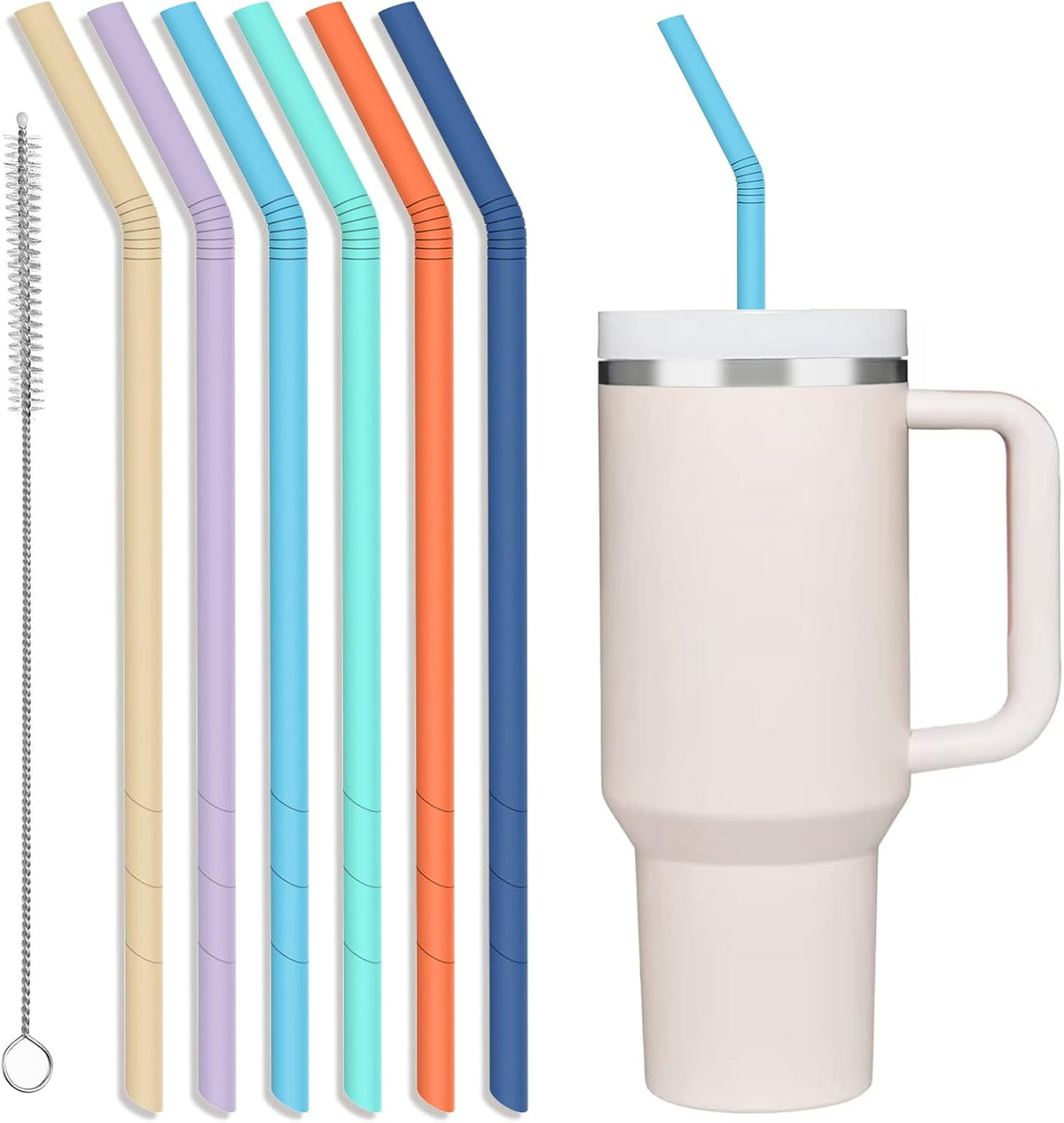 XANGNIER Extra Long Silicone Replacement Straws - 14” Pastel Color Straws for Stanley 40 oz Cup | 6 Pack with Cleaning Brush