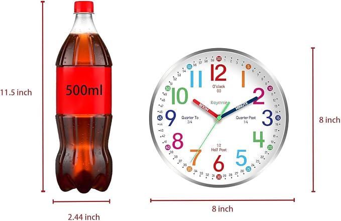 Roymnie Wall Clock for Kids Learning to Tell Time Easily Non Ticking Battery