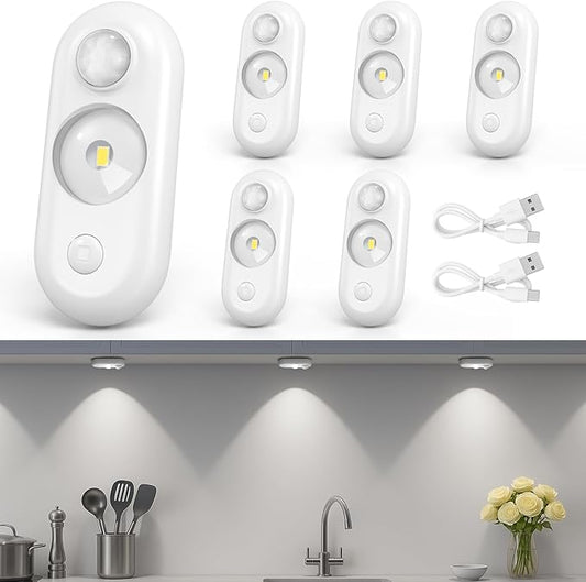 inShareplus LED Motion Sensor Puck Lights, Under Cabinet Lighting Indoor, USB Rechargeable Magnetic Night Light, 6500K Warm White Wireless Dimmable LED Lighting for Closet, Stairs, Kitchen (6 Pack)