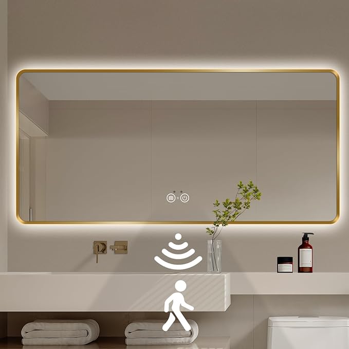 Gold LED Bathroom Mirror, 36" H x 48" W Smart Mirror with Infrared Motion Sensor Lights, Anti Fog, Stepless Dimmable & Color Temperature Adjustment, Wall Mounted Vanity Mirror, CRI≥93