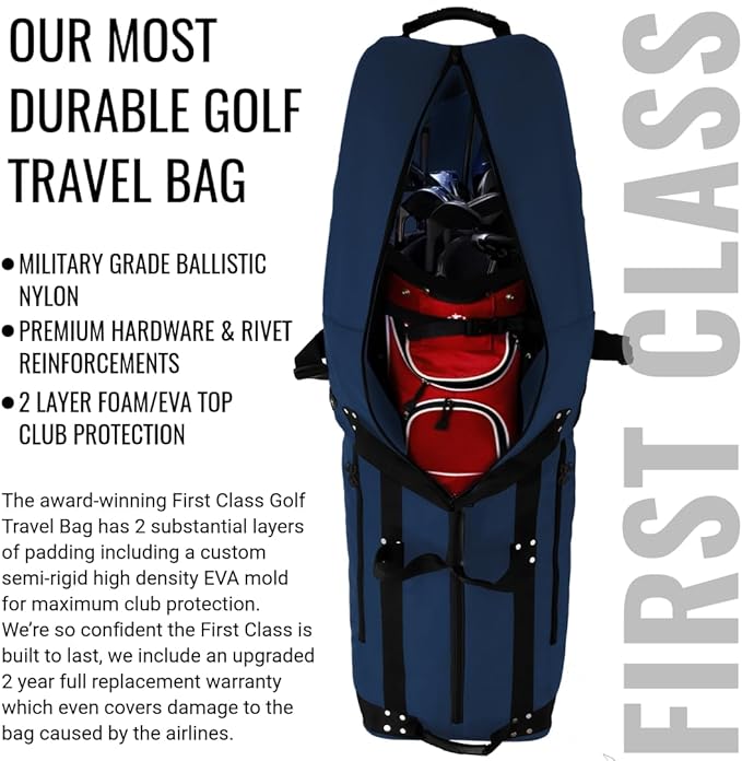 CaddyDaddy First Class Military Grade Ballistic Nylon Travel Cover with EVA Dense Foam Top Padding 2 Year Full Replacement Coverage Self Standing Base XL Wheels Case for Transporting Clubs on Airlines