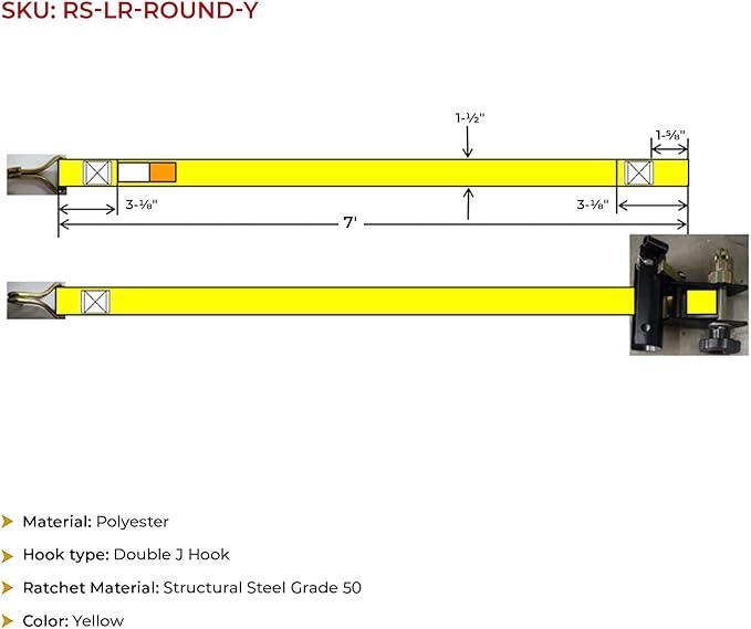 Mytee Products 2 Pack 1-1/2"x7' Yellow Ladder Rack Ratchet Straps with J-Hook (Pair) - 500 lbs 2" Black Round Tube Mount - Retractable Ratchet Tie Down Strap for Roof Rack