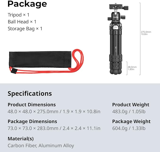 SmallRig Carbon Fiber Mini Desktop Tripod, 15.5'' / 39.5cm Compact Pocket