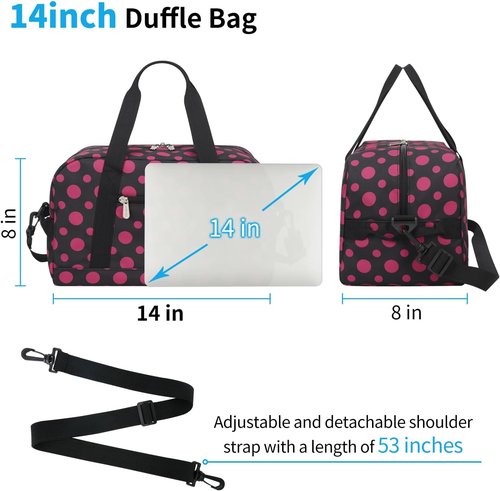 Apenze Small Gym Bag - 14-Inch Lightweight Mini Duffel for Travel & Sports | Polka Dot Pink