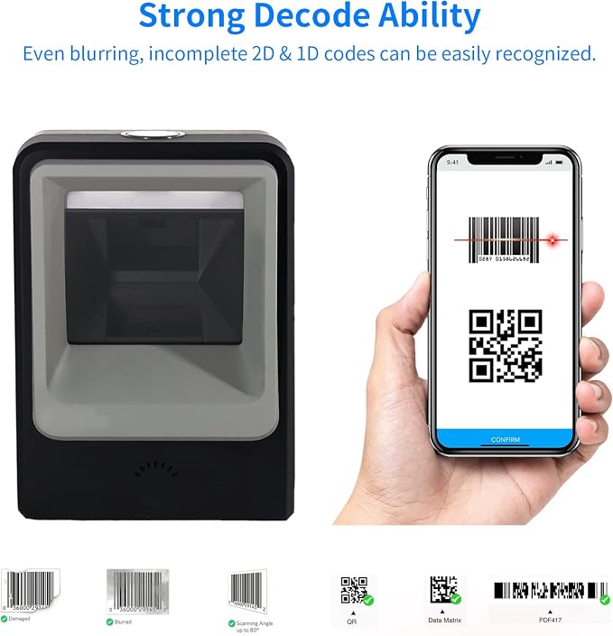 Handsfree 2D 1D Barcode Scanner, Alacrity QR Omnidirectional Desktop Bar Code
