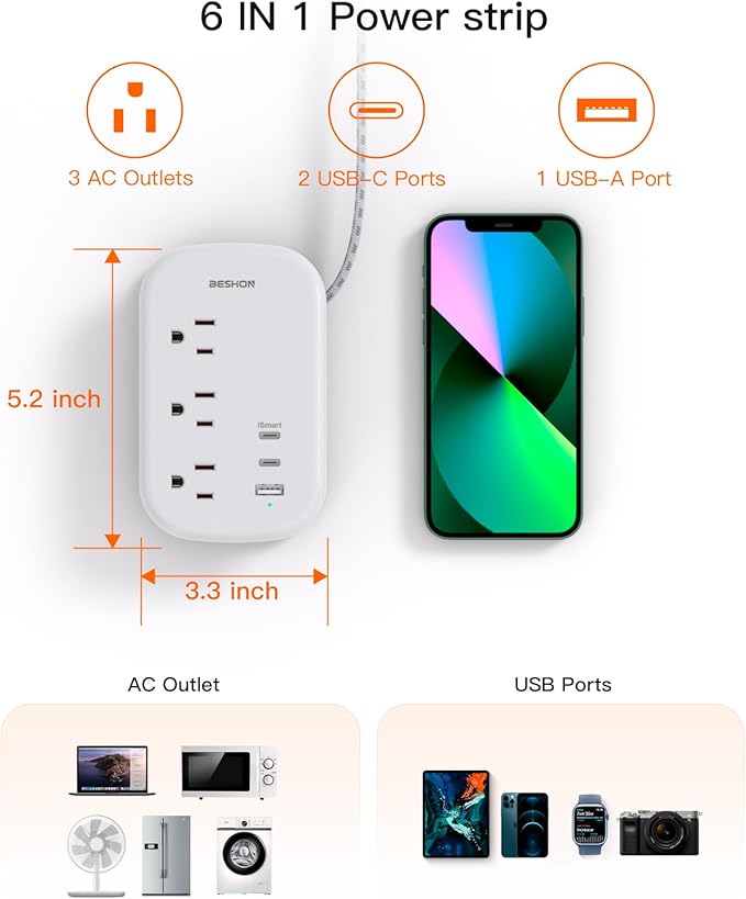 USB C Travel Power Strip, BESHON Ultra Flat Extension Cord, Flat Plug Power Strip, 3 Outlets with 3 USB Ports(2 USB C), 3.2ft Wrapped Around Extension Cord for Cruise Ship, Travel Essentials, Grey
