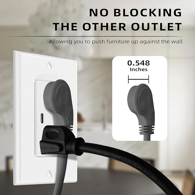 EP 2 Pack 6 Ft Flat Plug Extension Cord, 16 AWG 3 Prong Grounded Grey Low Profile Extension Cable for Indoor