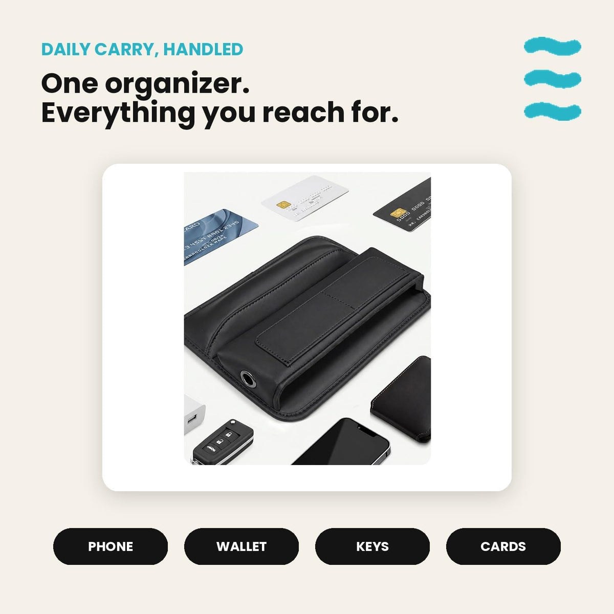 Kitewave Car Seat Gap Filler, Premium PU Leather Front Seat Gap Filler Organizer with Card Slots & Cable Pass-Throughs, Fits Between Seat and Console, Fits Mid-size to Large-size Cars, SUVs, & Trucks