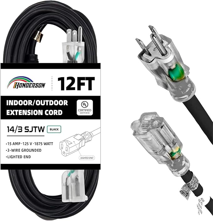 Indoor Outdoor Extension Cord Weatherproof with Lighted End, UL Certified, 14 Gauge 12FT Black 3 Prong Heavy Duty, 14/3 SJTW 15A Power Cord for Outdoor Lights, Lawn