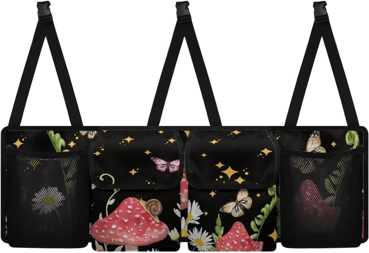 Butterfly Mushroom Car Backseat Trunk Organizer Daisy Stars Hanging Cargo Bag Multipurpose Trunk Storage Bag with 3 Adjustable Buckles