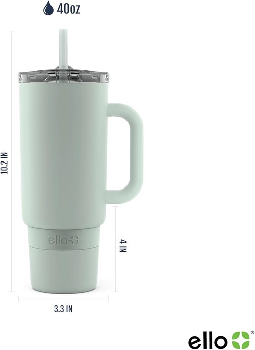 Ello Port 40oz Tumbler - Vacuum Insulated Stainless Steel Water Bottle with Carry Loop & Straw | Sage Color
