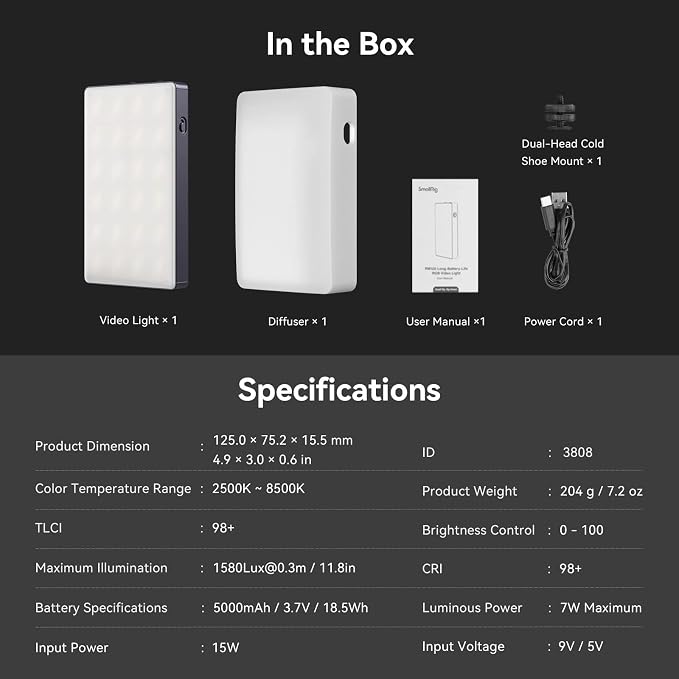 SmallRig RM120 RGB Video Light, 5000mAh 180 Minutes Portable Camera Light 7W