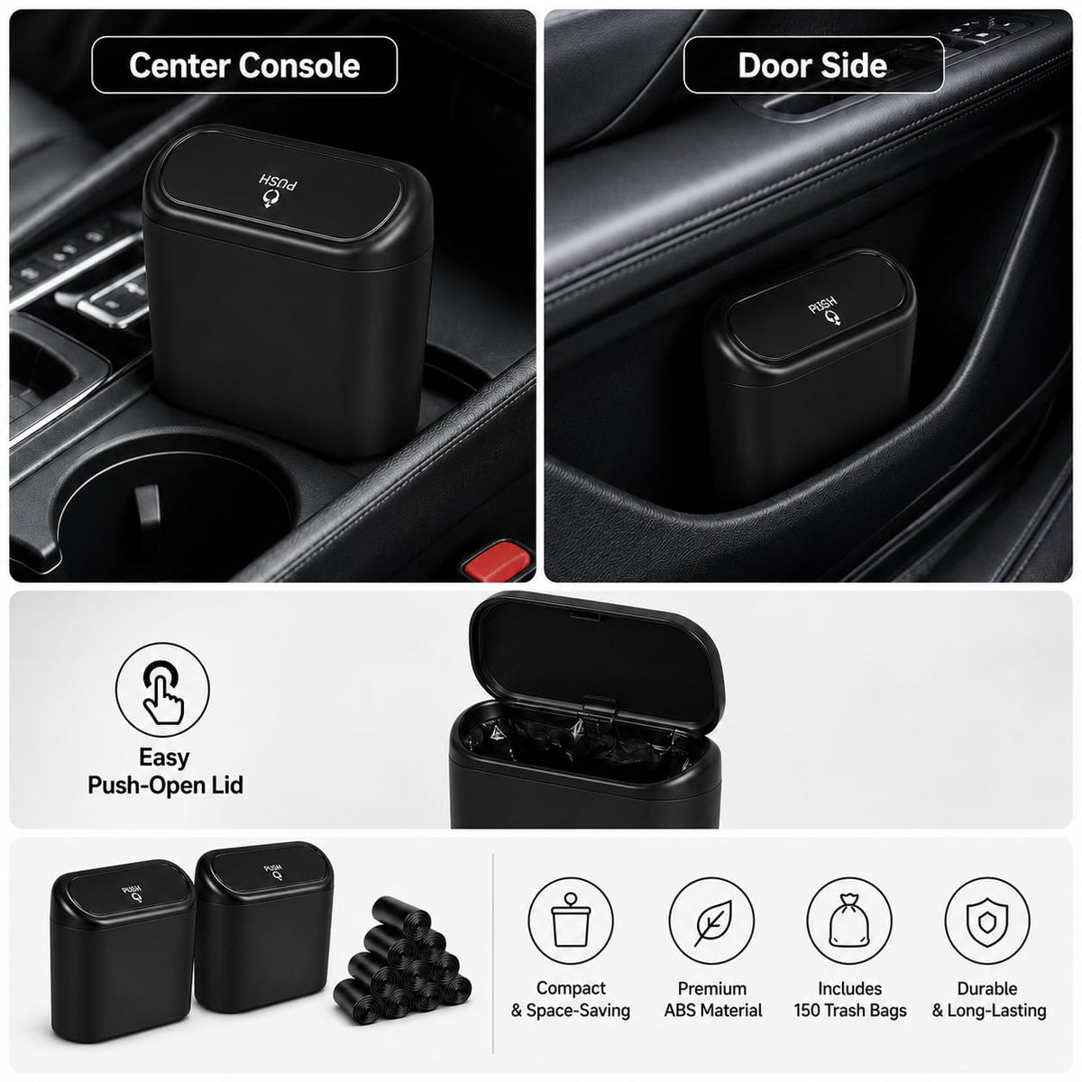 Mini Car Trash Can – Leakproof Vehicle Garbage Bin, 2-Pack with 150 Trash Bags, Portable Hanging Car Organizer for SUV & Sedan